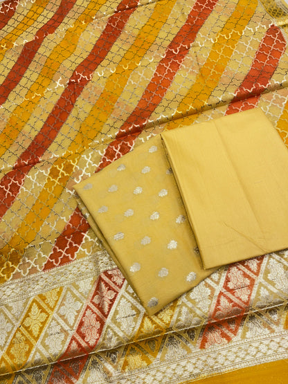 Yellow Pure Cotton Handbrush Patti Dupatta Banarasi 3 pcs Suit Set IM_PCHBP3