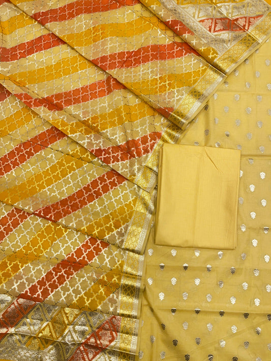 Yellow Pure Cotton Handbrush Patti Dupatta Banarasi 3 pcs Suit Set IM_PCHBP3