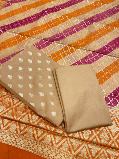 Beige Pure Cotton Handbrush Patti Dupatta Banarasi 3 pcs Suit Set IM_PCHBP4