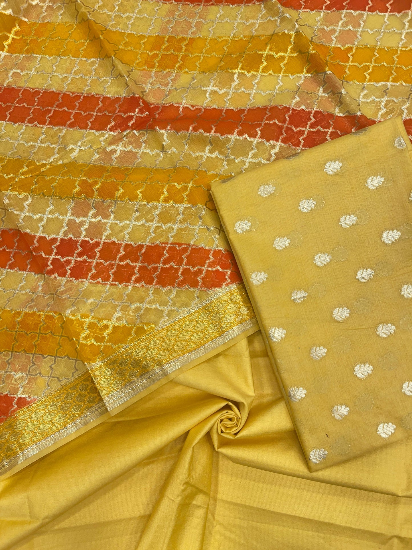 Yellow Pure Cotton Handbrush Patti Dupatta Banarasi 3 pcs Suit Set IM_PCHBP3