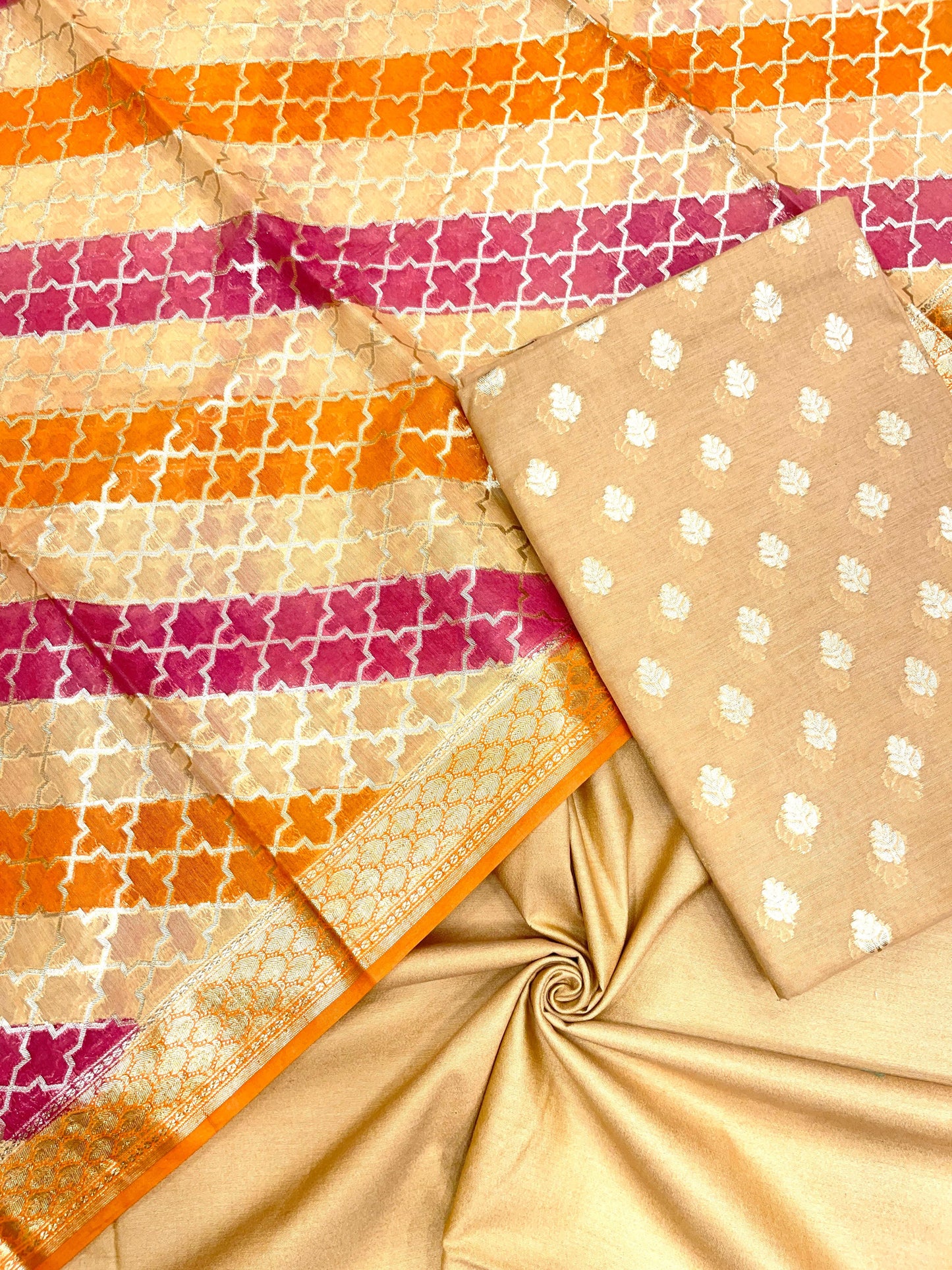 Beige Pure Cotton Handbrush Patti Dupatta Banarasi 3 pcs Suit Set IM_PCHBP4