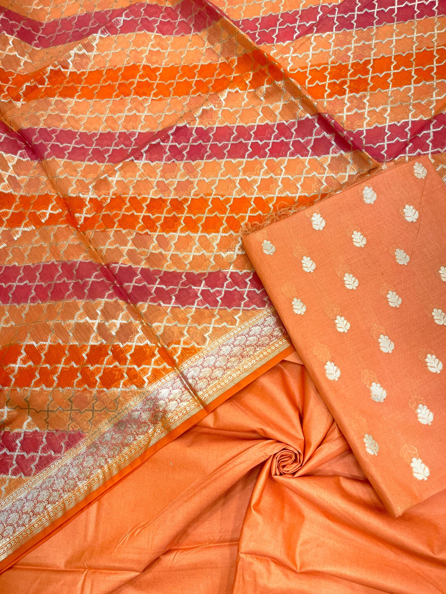 Orange Pure Cotton Handbrush Patti Dupatta Banarasi 3 pcs Suit Set IM_PCHBP1