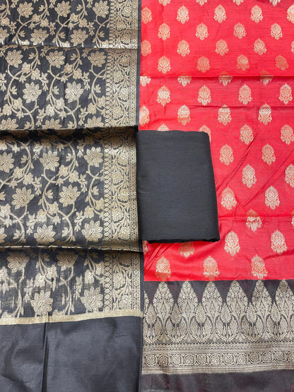 Red Cotton Banarasi 3 pcs Suit Set with Contrast Black Dupatta IM_CS2