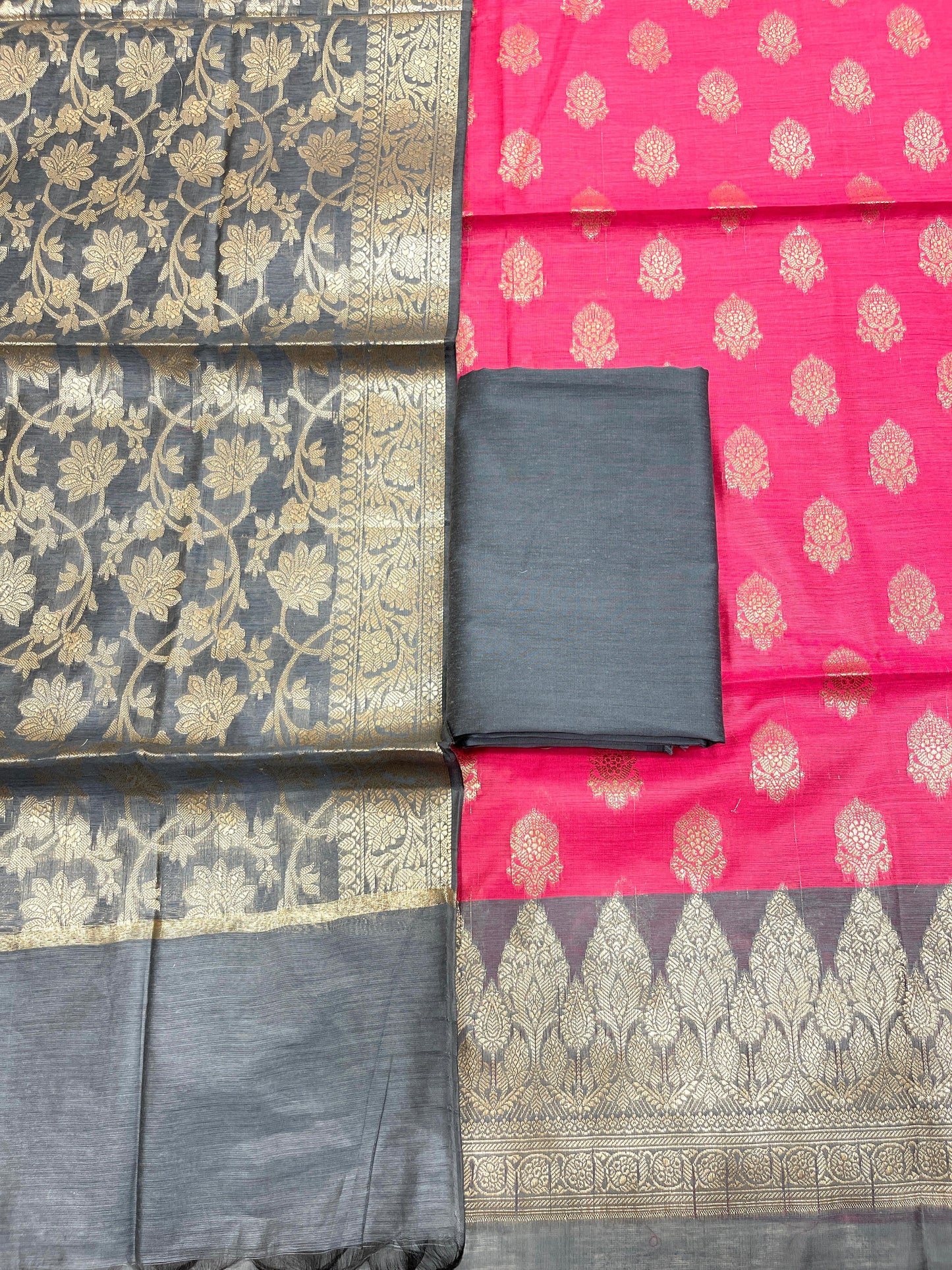 Pink Cotton Banarasi 3 pcs Suit Set with Contrast Grey Dupatta IM_CS5
