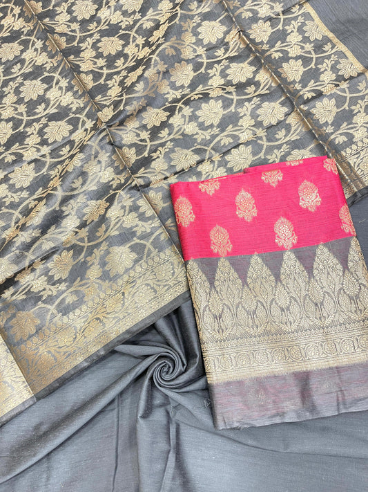Pink Cotton Banarasi 3 pcs Suit Set with Contrast Grey Dupatta IM_CS5