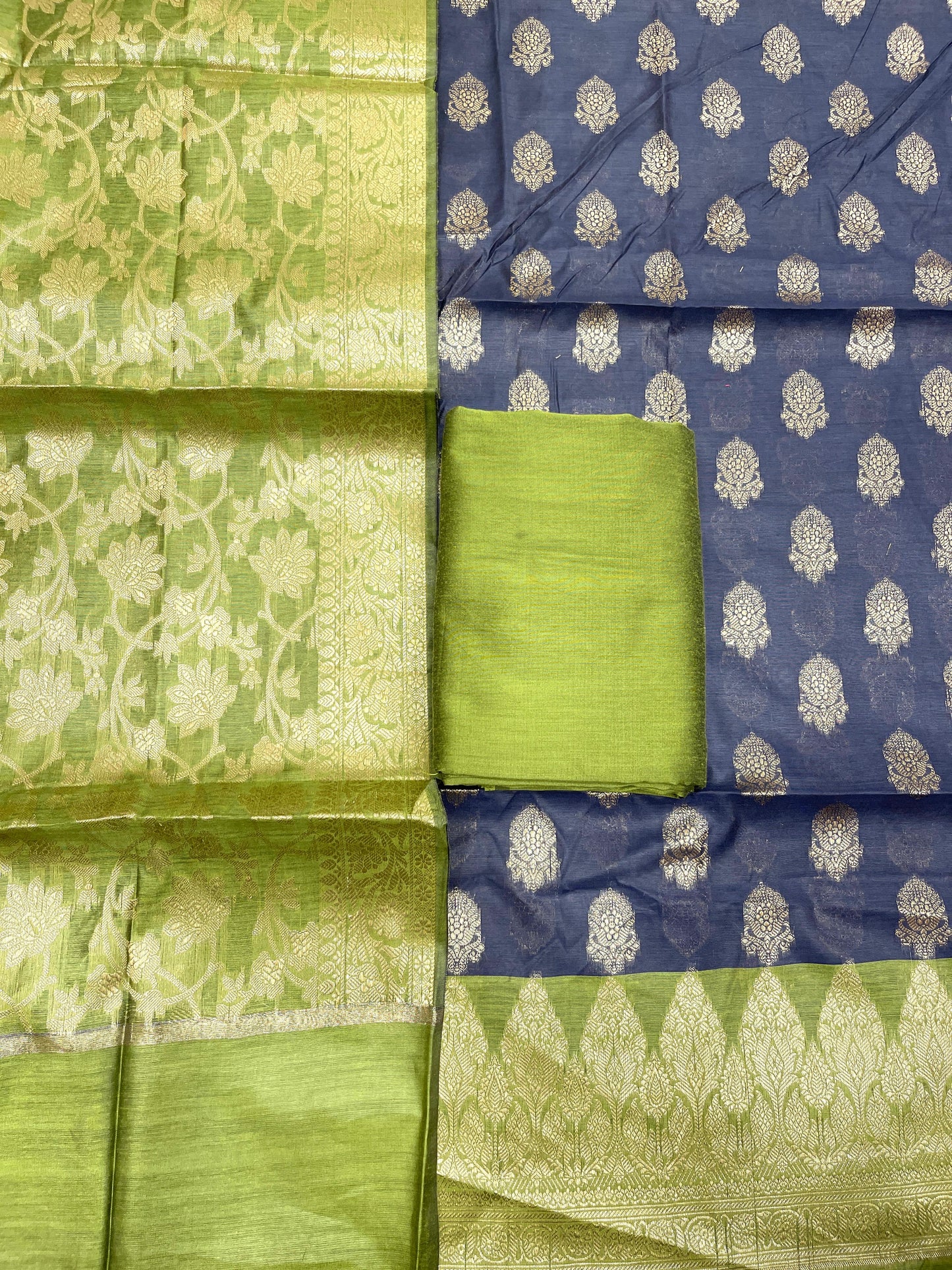 Navy Blue Cotton Banarasi 3 pcs Suit Set with Contrast Pista Green Dupatta IM_CS3