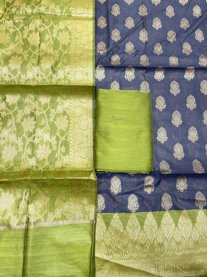 Navy Blue Cotton Banarasi 3 pcs Suit Set with Contrast Pista Green Dupatta IM_CS3