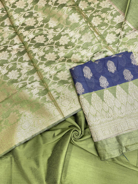 Navy Blue Cotton Banarasi 3 pcs Suit Set with Contrast Pista Green Dupatta IM_CS3