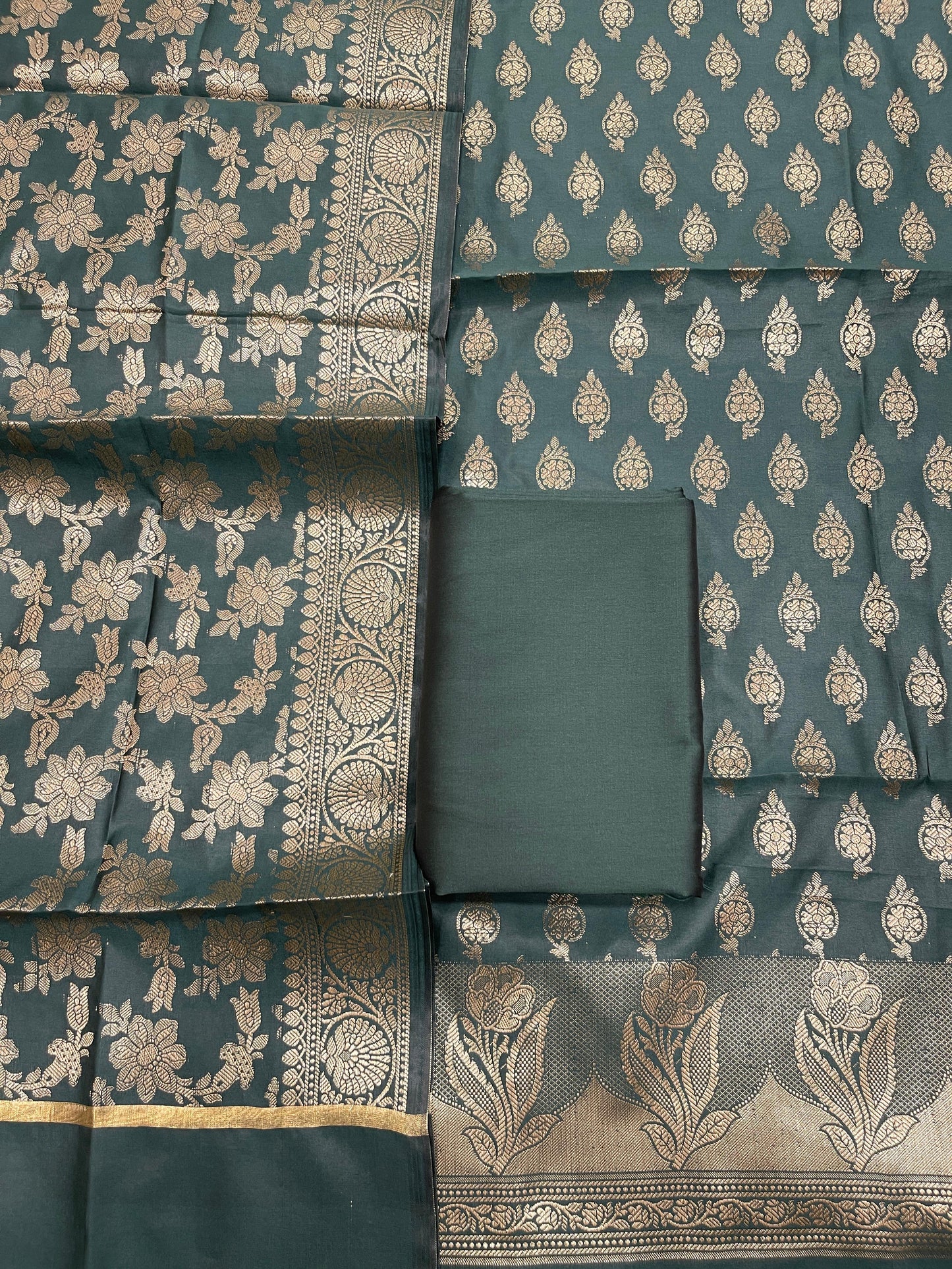 Dark Green Semi Silk Banarasi 3 pcs Suit Set IM_CS9