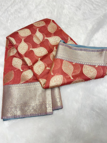 Rust Red Cotton Water Zari Booti Banarasi Saree JVC_5