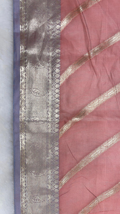 Rust Red Cotton Water Zari Stripe Banarasi Saree JVC_17