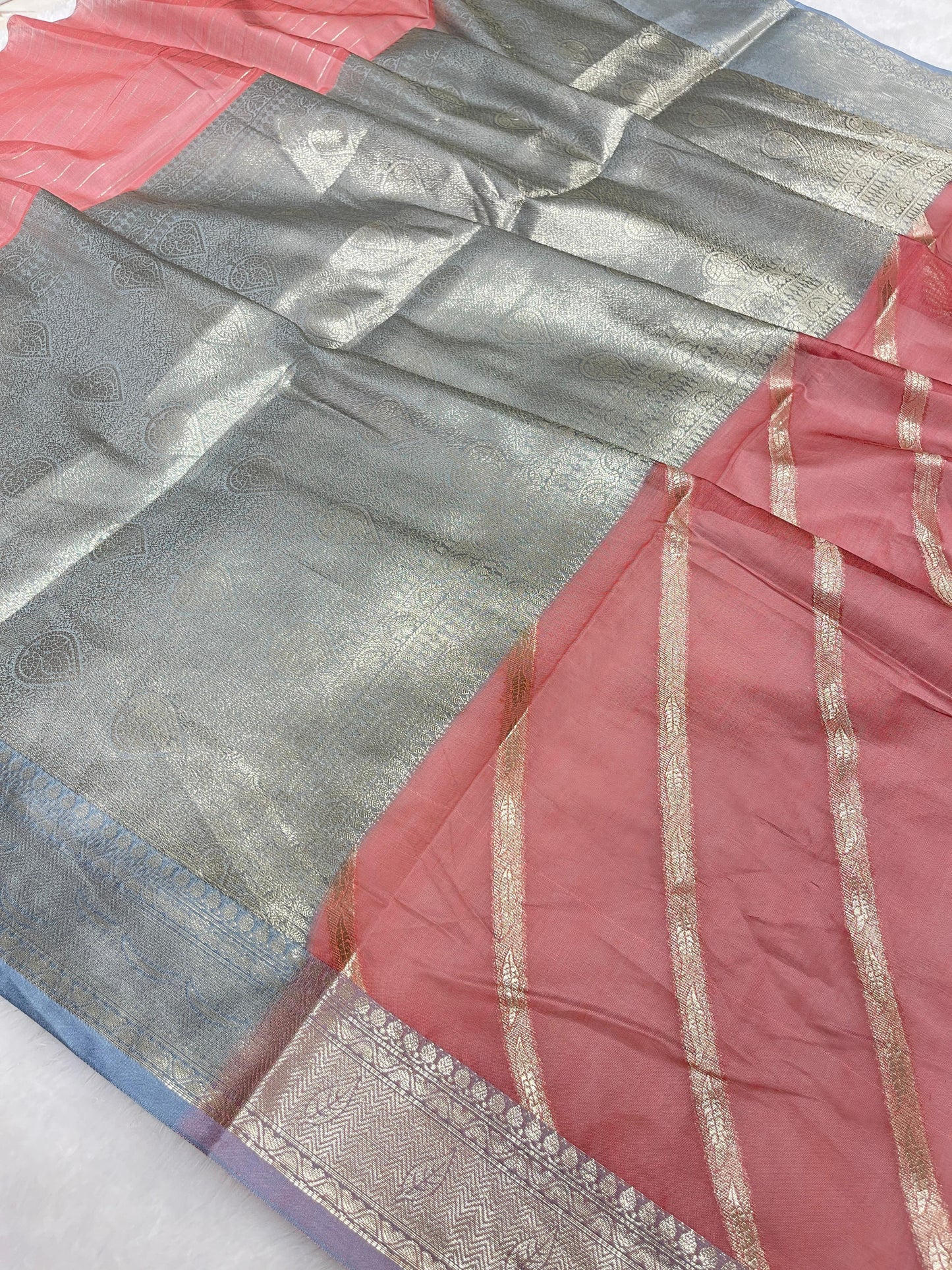 Rust Red Cotton Water Zari Stripe Banarasi Saree JVC_17