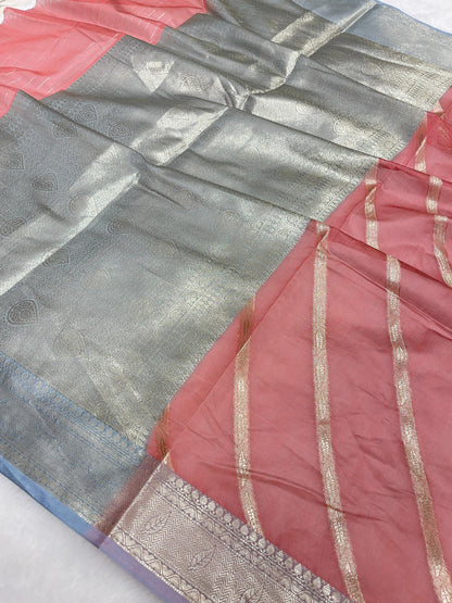 Rust Red Cotton Water Zari Stripe Banarasi Saree JVC_17
