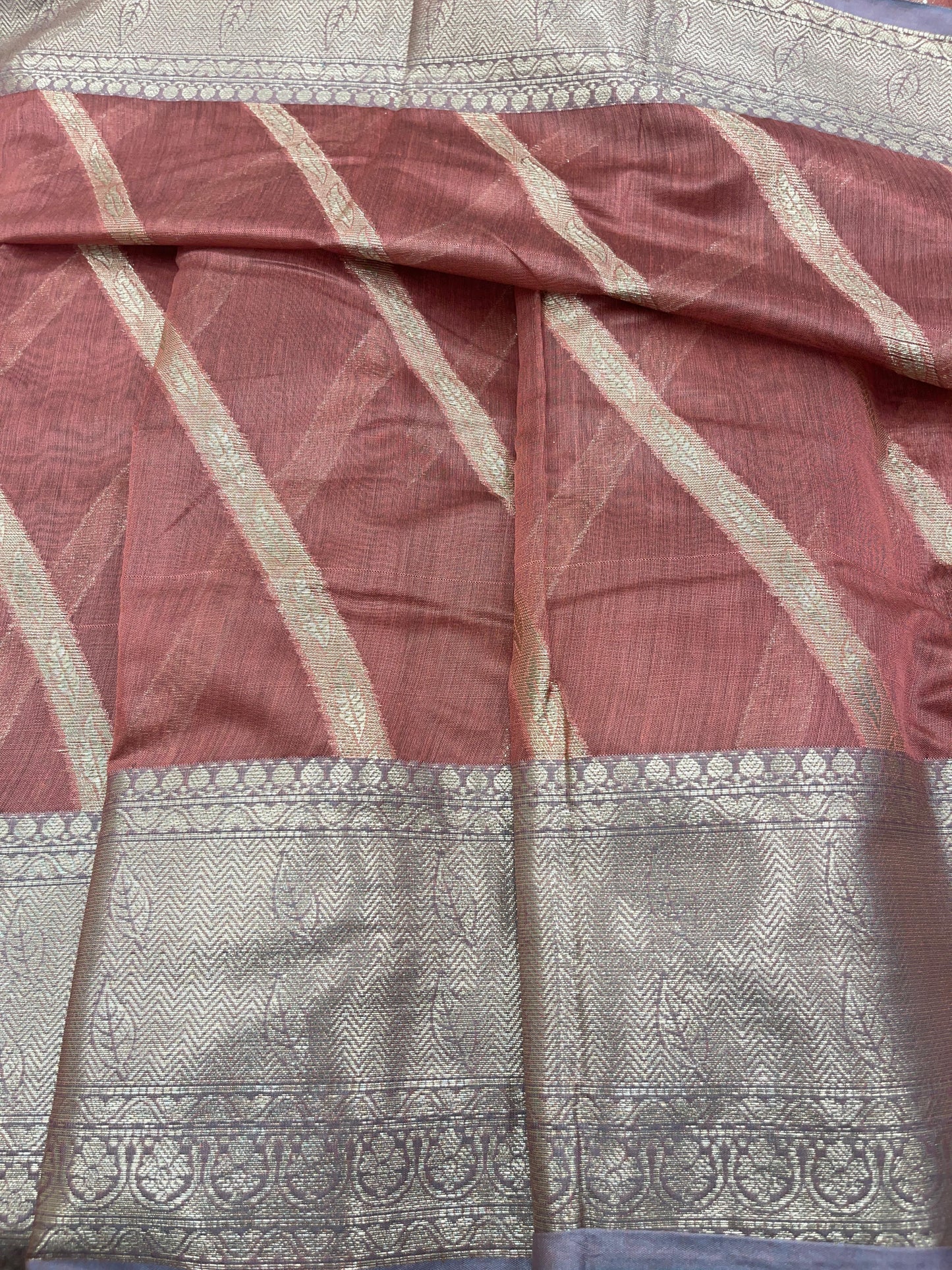 Rust Red Cotton Water Zari Stripe Banarasi Saree JVC_17