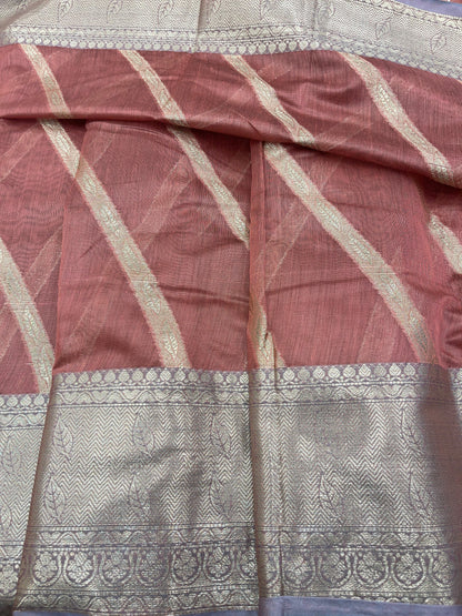 Rust Red Cotton Water Zari Stripe Banarasi Saree JVC_17