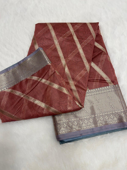 Rust Red Cotton Water Zari Stripe Banarasi Saree JVC_17