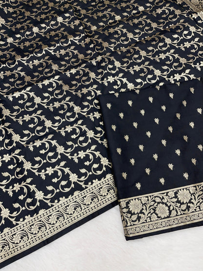Black Handloom Cotton Silk Banarasi 3 pcs Suit Set RHN_1