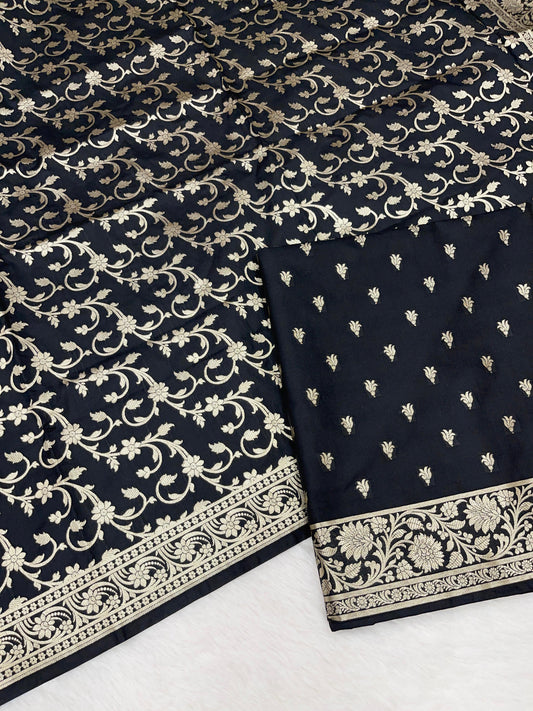 Black Handloom Cotton Silk Banarasi 3 pcs Suit Set RHN_1