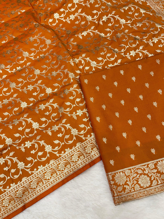 Orange Handloom Cotton Silk Banarasi 3 pcs Suit Set RHN_2