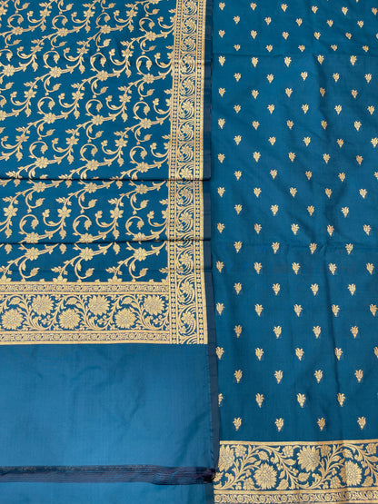 Blue Handloom Cotton Silk Banarasi 3 pcs Suit Set RHN_3