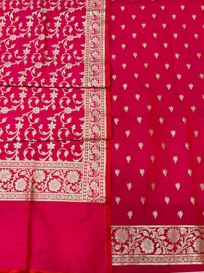 Pink Handloom Cotton Silk Banarasi 3 pcs Suit Set RHN_5