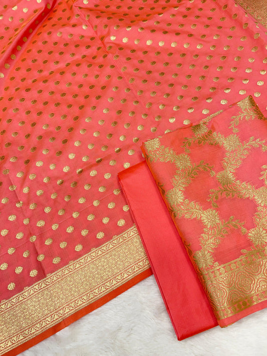 Peach Handloom Cotton Silk Banarasi 3 pcs Suit Set RHN_6