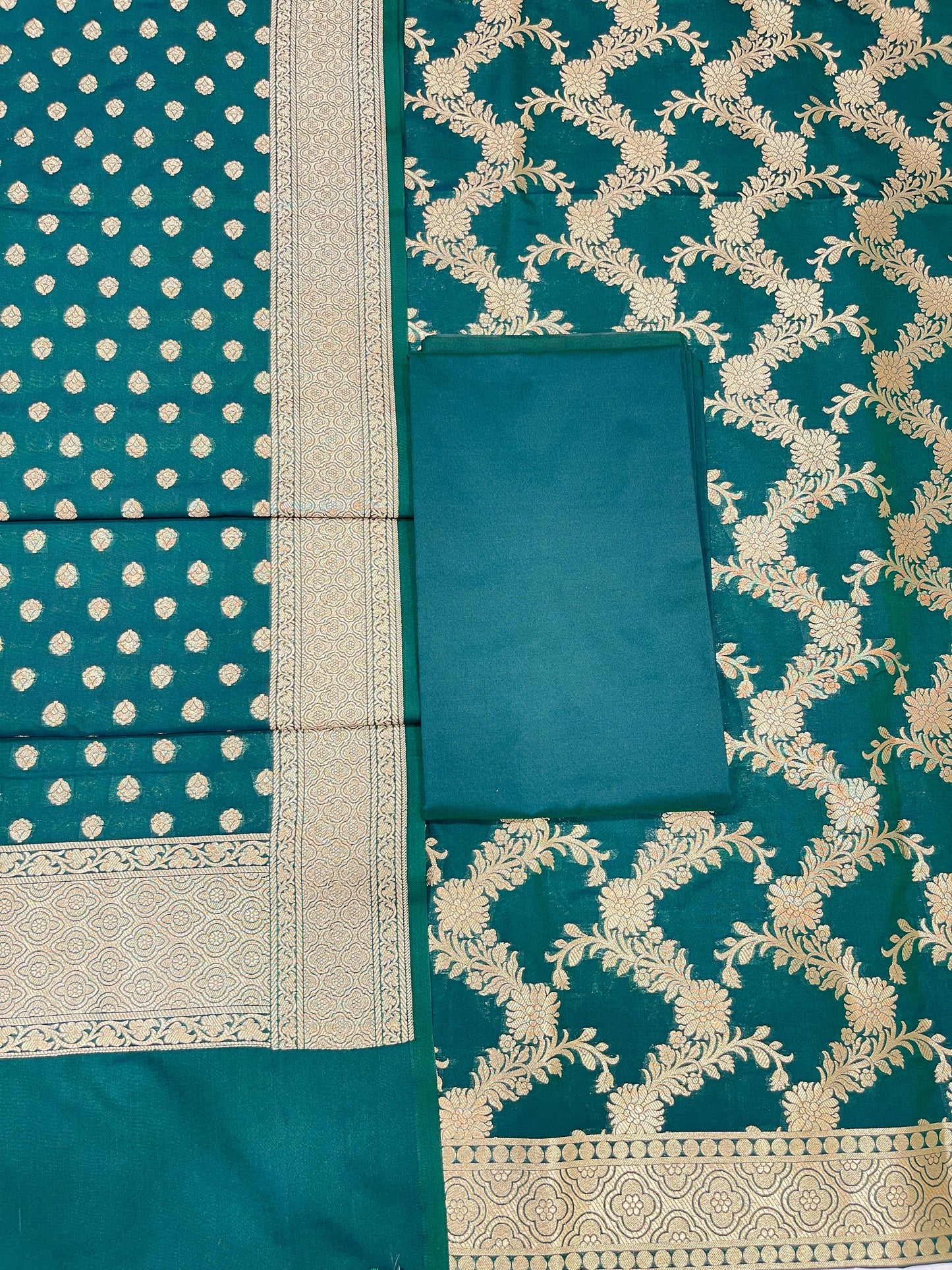 Seagreen Handloom Cotton Silk Banarasi 3 pcs Suit Set RHN_7