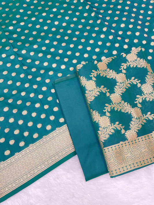 Seagreen Handloom Cotton Silk Banarasi 3 pcs Suit Set RHN_7