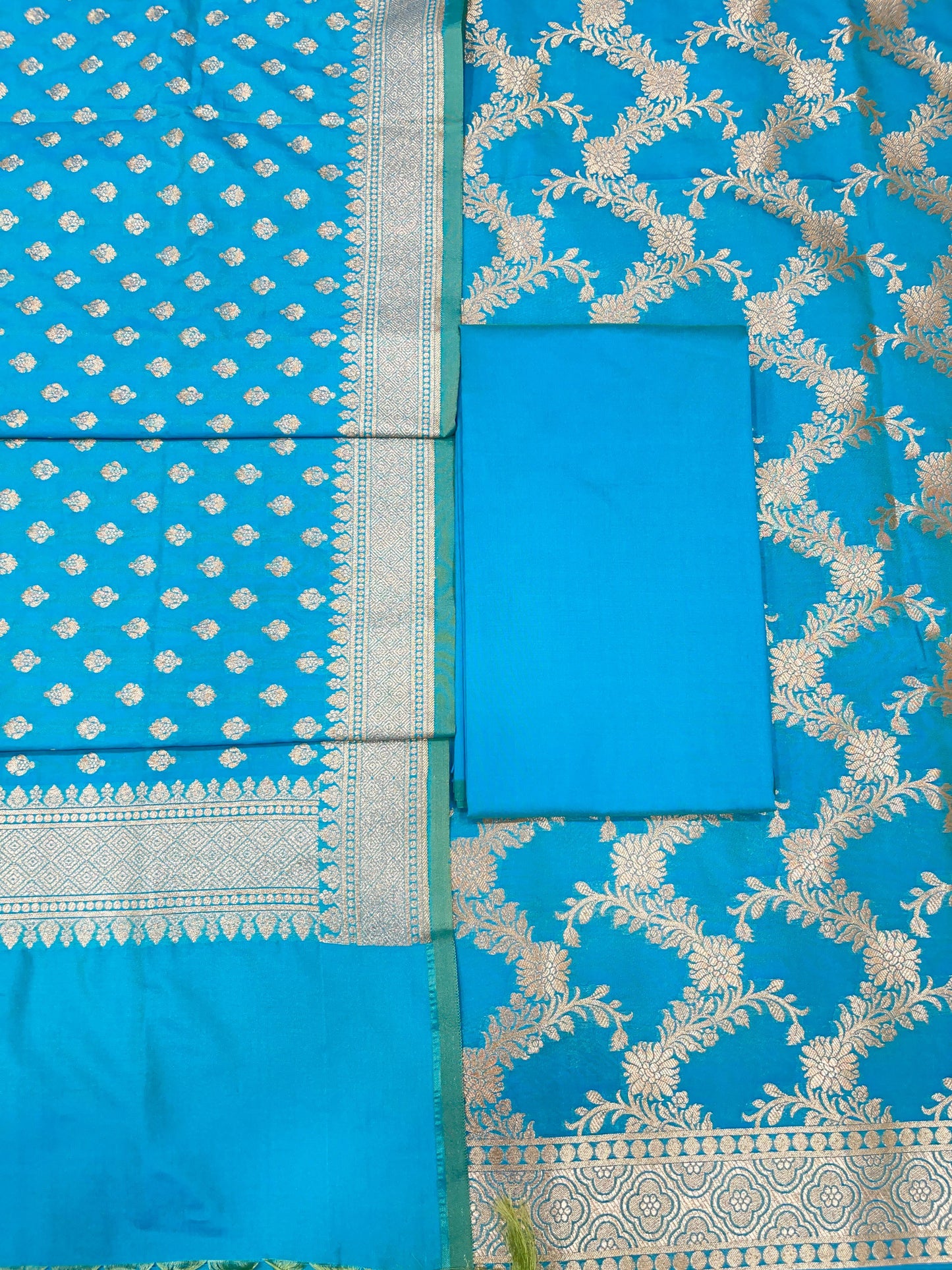 Sky Blue Handloom Cotton Silk Banarasi 3 pcs Suit Set RHN_8
