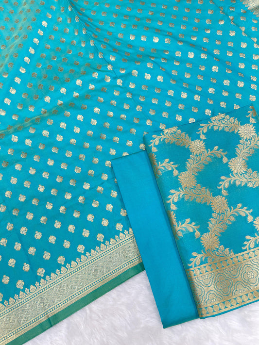 Sky Blue Handloom Cotton Silk Banarasi 3 pcs Suit Set RHN_8