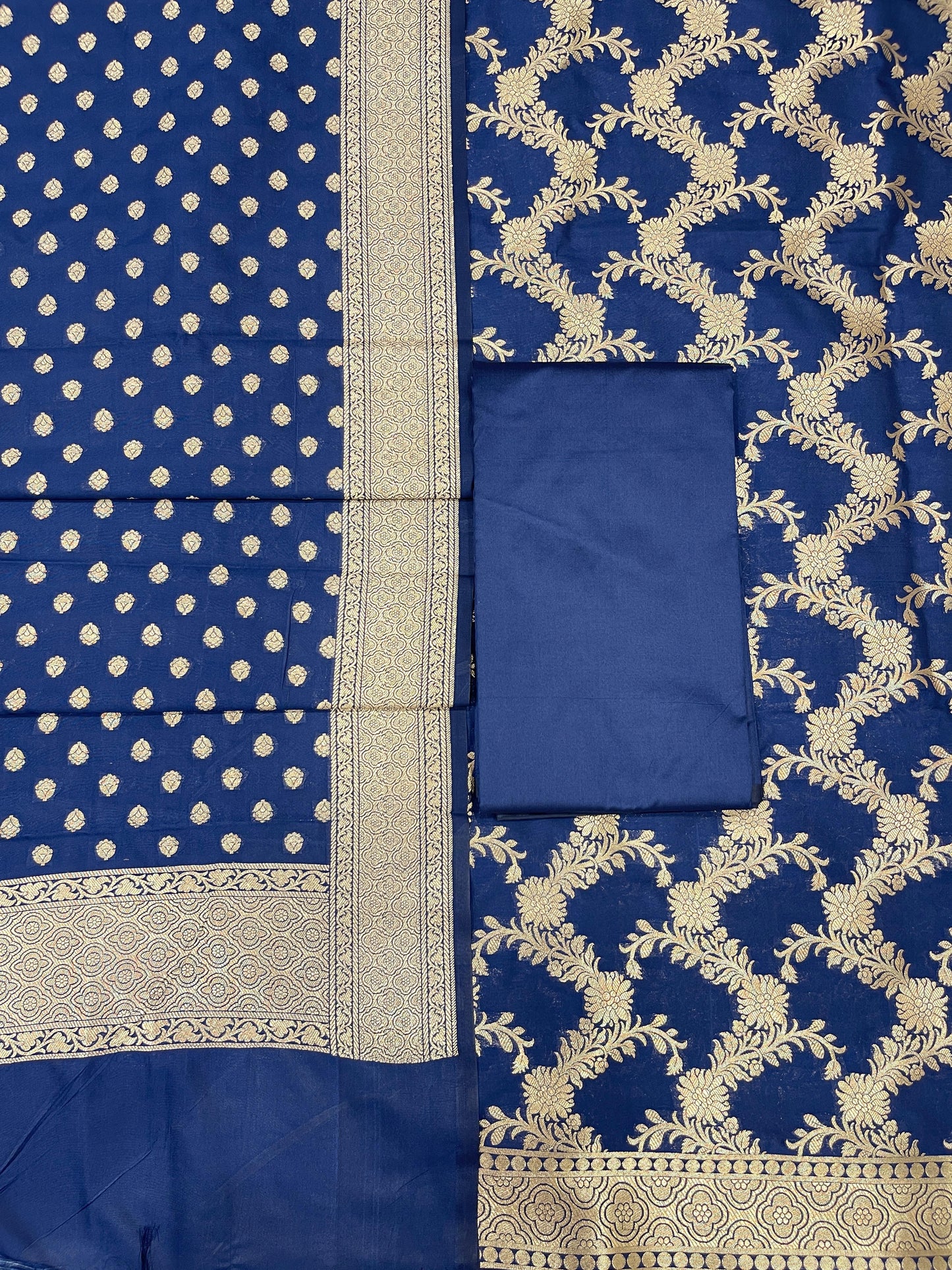 Navy Blue Handloom Cotton Silk Banarasi 3 pcs Suit Set RHN_10
