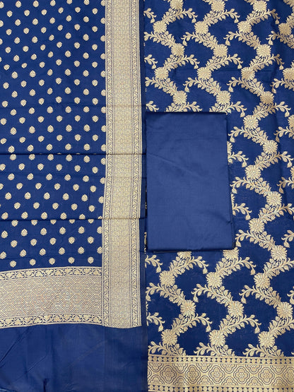 Navy Blue Handloom Cotton Silk Banarasi 3 pcs Suit Set RHN_10