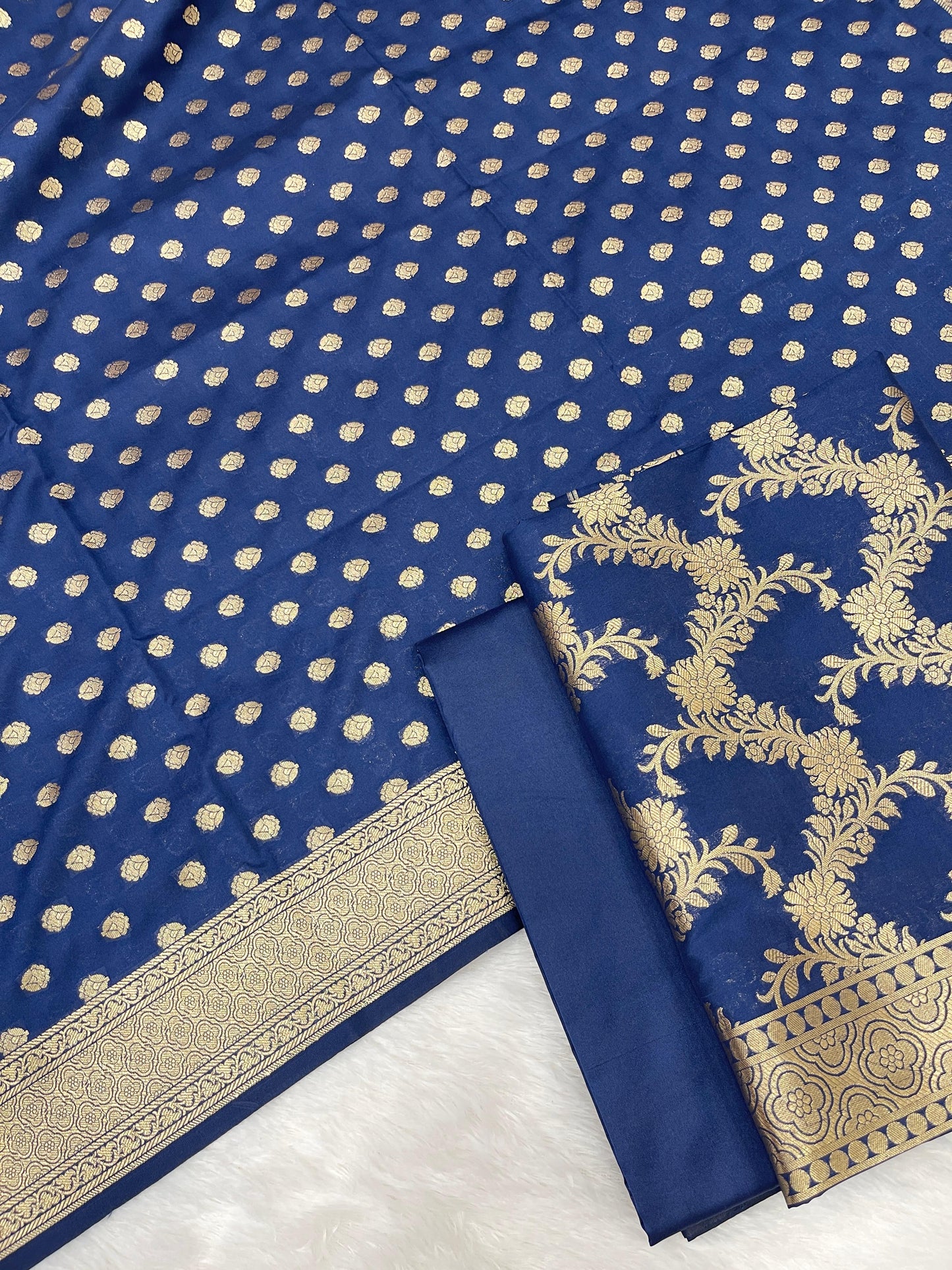 Navy Blue Handloom Cotton Silk Banarasi 3 pcs Suit Set RHN_10