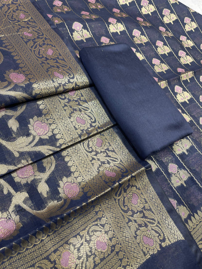 Navy Blue Cotton Silk Banarasi 3 pcs Suit Set 725ASD_CS2