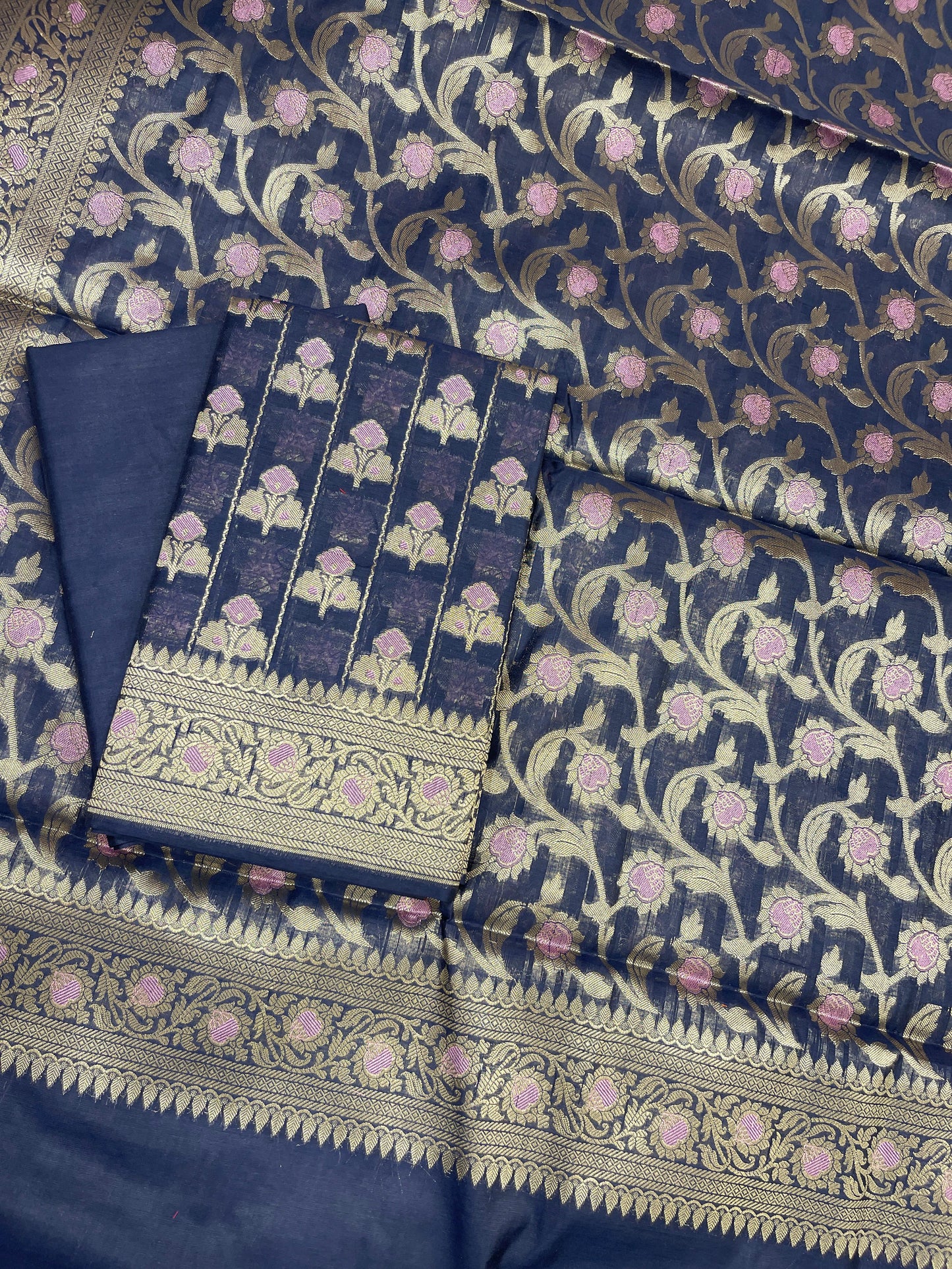 Navy Blue Cotton Silk Banarasi 3 pcs Suit Set 725ASD_CS2