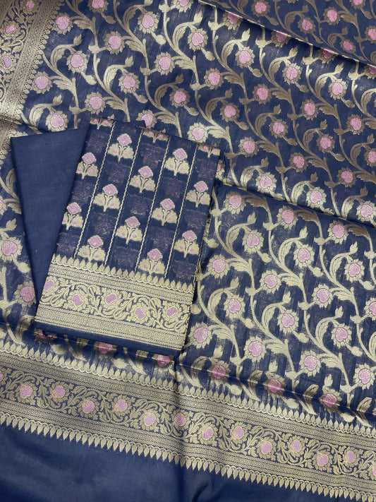 Navy Blue Cotton Silk Banarasi 3 pcs Suit Set 725ASD_CS2