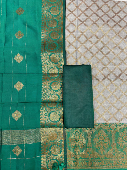 Off White Cotton Silk Banarasi 3 pcs Suit Set  with Contrast Seagreen Dupatta 650ASD_CS8