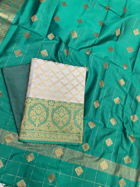 Off White Cotton Silk Banarasi 3 pcs Suit Set  with Contrast Seagreen Dupatta 650ASD_CS8