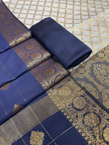 Off White Cotton Silk Banarasi 3 pcs Suit Set  with Contrast Navy Blue Dupatta 650ASD_CS10