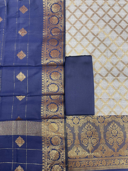 Off White Cotton Silk Banarasi 3 pcs Suit Set  with Contrast Navy Blue Dupatta 650ASD_CS10