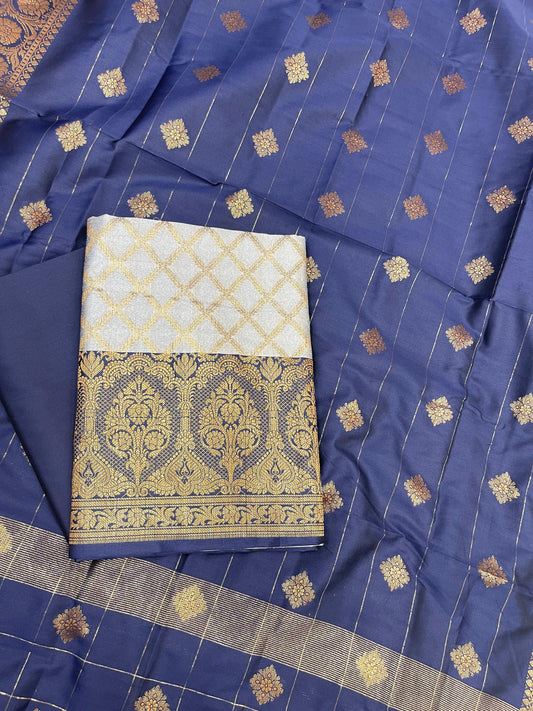 Off White Cotton Silk Banarasi 3 pcs Suit Set  with Contrast Navy Blue Dupatta 650ASD_CS10