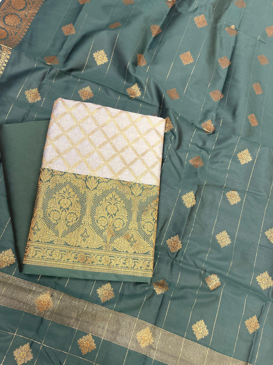 Off White Cotton Silk Banarasi 3 pcs Suit Set  with Contrast Dark Green Dupatta 650ASD_CS11
