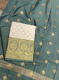 Off White Cotton Silk Banarasi 3 pcs Suit Set  with Contrast Dark Green Dupatta 650ASD_CS11