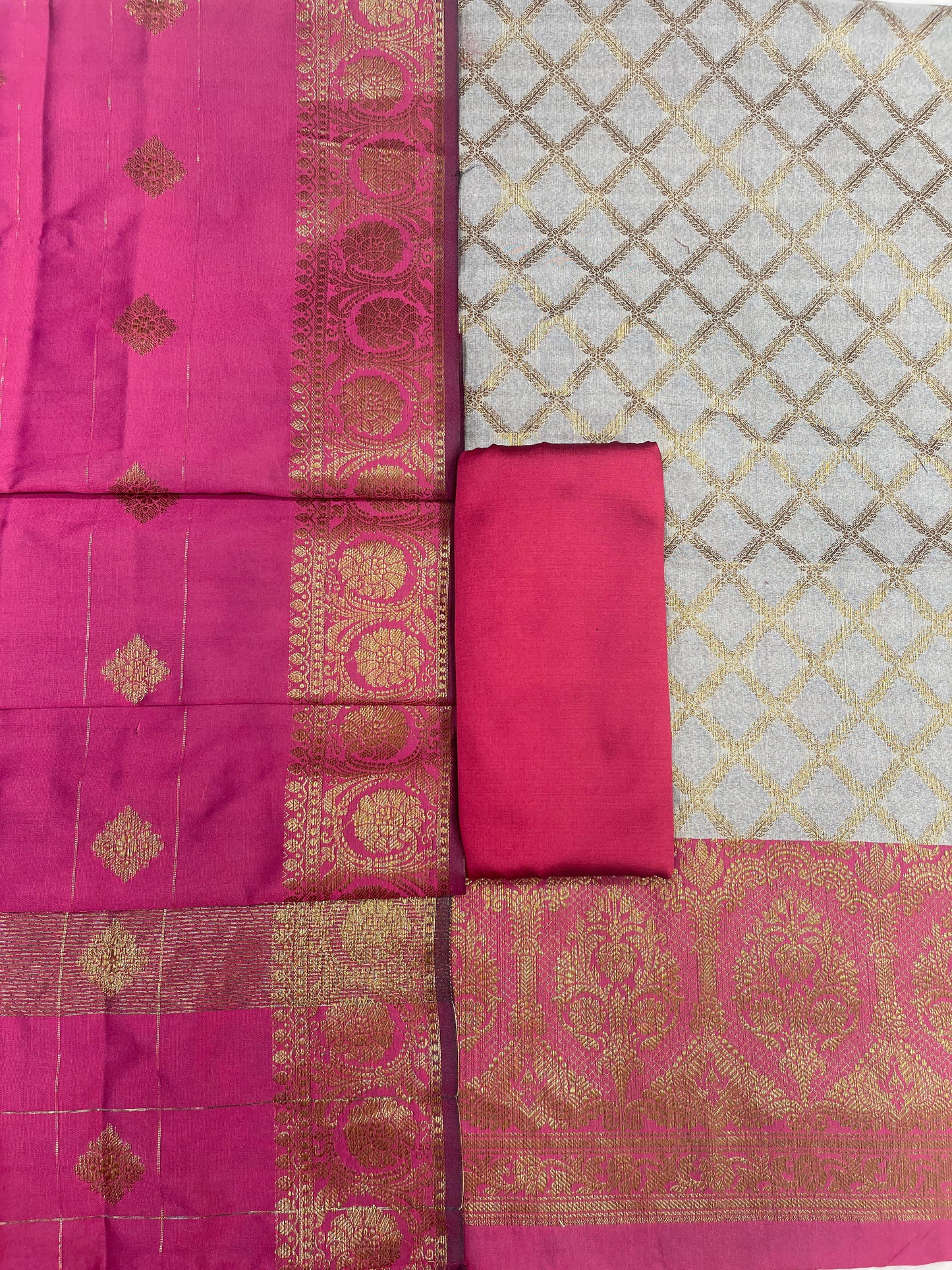 Off White Cotton Silk Banarasi 3 pcs Suit Set  with Contrast Magenta Dupatta 650ASD_CS12
