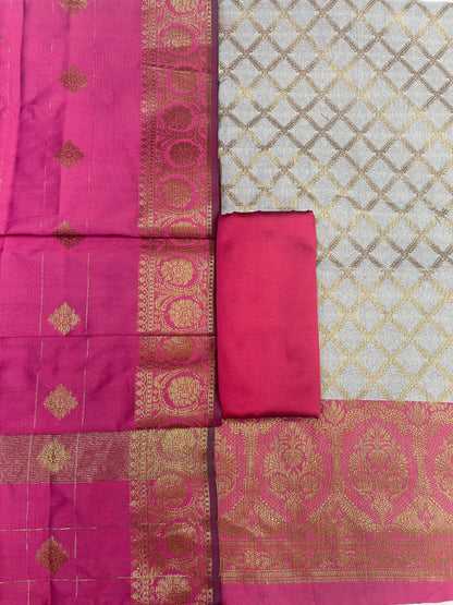 Off White Cotton Silk Banarasi 3 pcs Suit Set  with Contrast Magenta Dupatta 650ASD_CS12