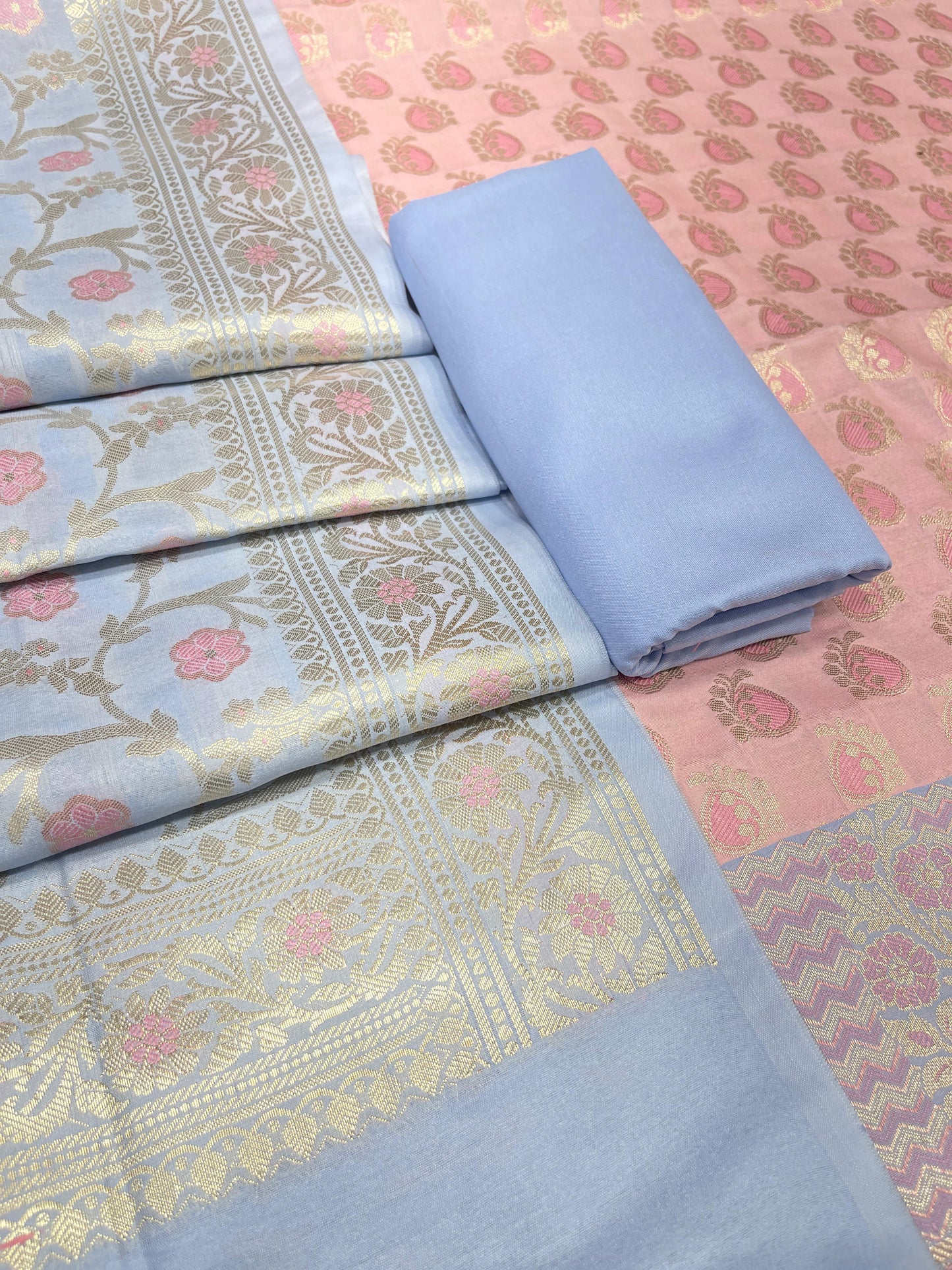 Peach Cotton Silk Sanarasi 3 pcs Suit Set  with Contrast Sky Blue Dupatta 780ASD_CS14