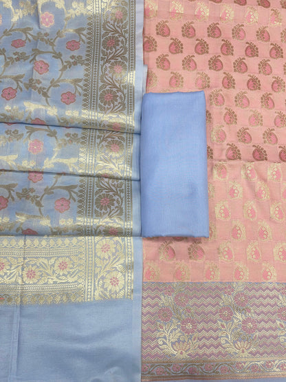 Peach Cotton Silk Sanarasi 3 pcs Suit Set  with Contrast Sky Blue Dupatta 780ASD_CS14