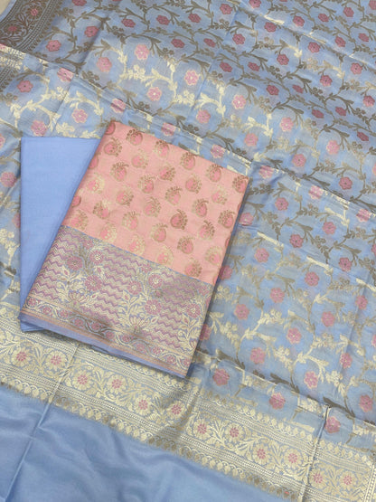Peach Cotton Silk Sanarasi 3 pcs Suit Set  with Contrast Sky Blue Dupatta 780ASD_CS14