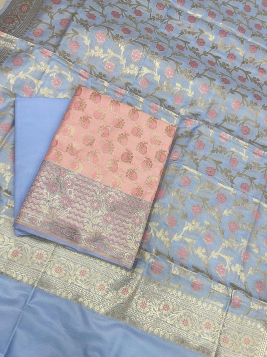 Peach Cotton Silk Sanarasi 3 pcs Suit Set  with Contrast Sky Blue Dupatta 780ASD_CS14