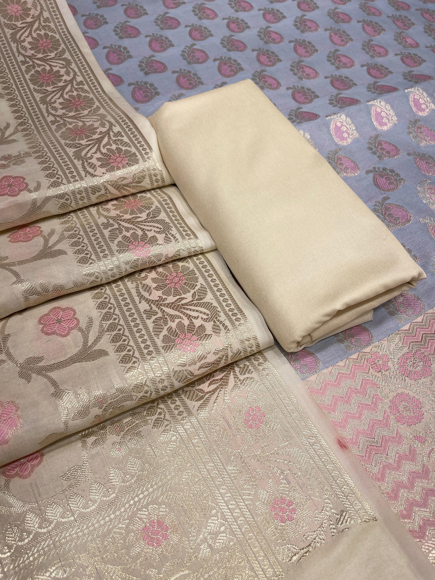 Grey Cotton Silk Panarasi 3 pcs Suit Set  with Contrast Pista Green Dupatta 780ASD_CS15